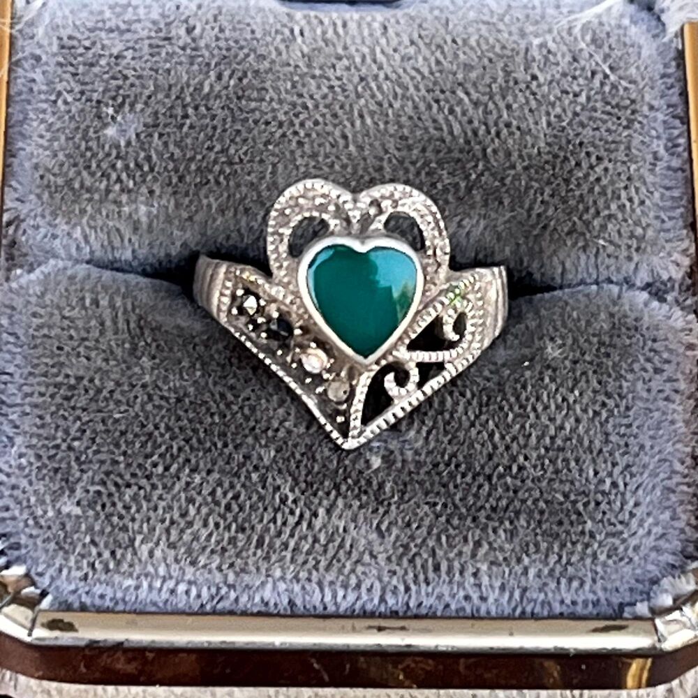 Green Onyx, Marcasite and Sterling Silver Ring 6 1/4